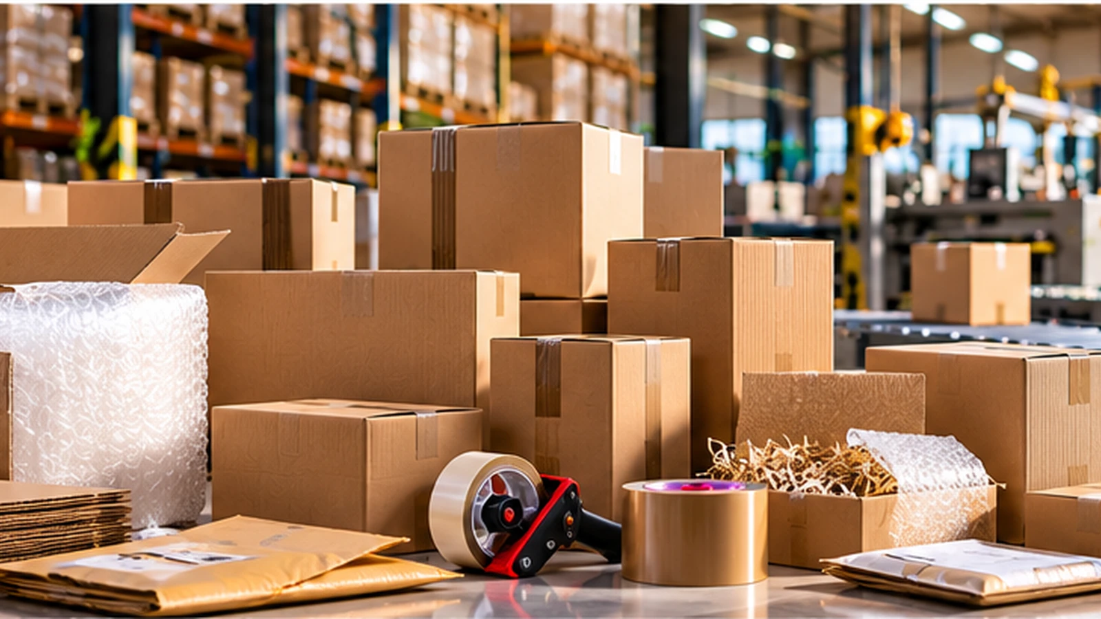 Koli, kutu ve paketleme malzemeleri bulunan ambalaj üretim alanı